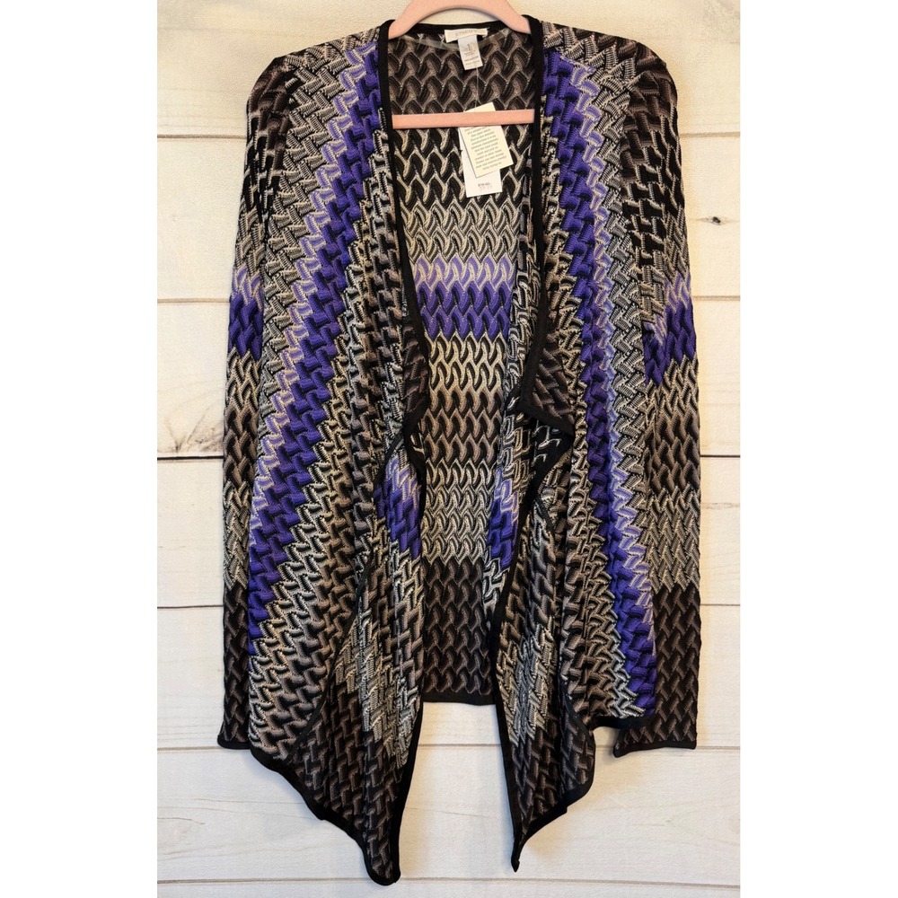 Chicos Joni Drape Cardigan Sweater Purple Rapture Zig Zag Chevron Size 1 NEW